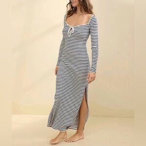 Aerie striped long sleeve knit tie front maxi dress